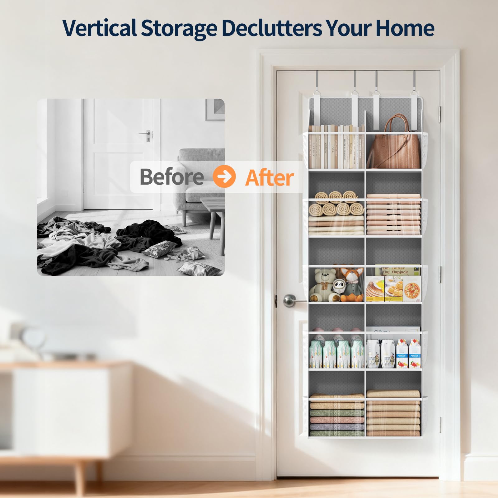 Yecaye over-the-door organizer fits most doors 1.25–1.75 inches thick for easy setup.