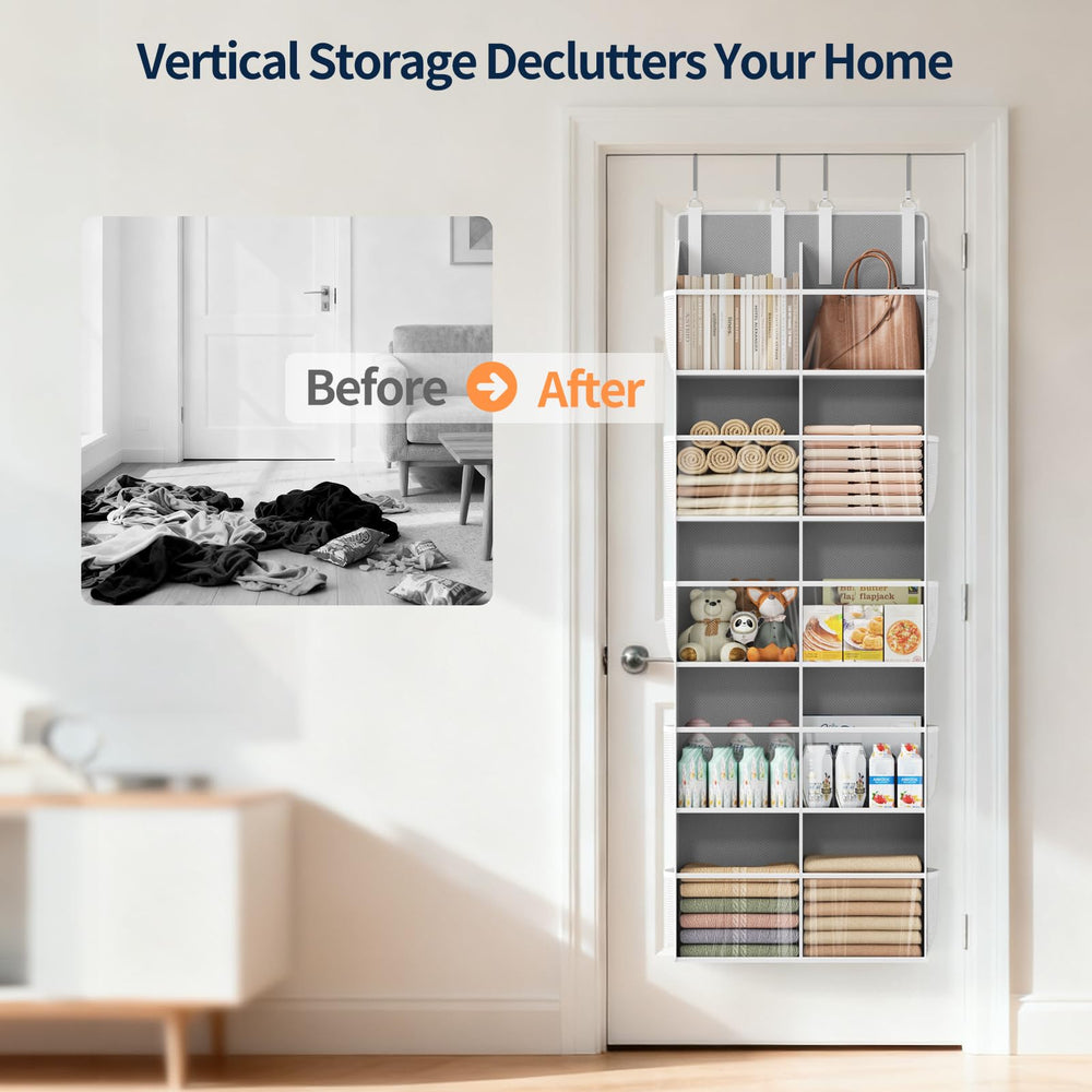 Yecaye over-the-door organizer fits most doors 1.25–1.75 inches thick for easy setup.