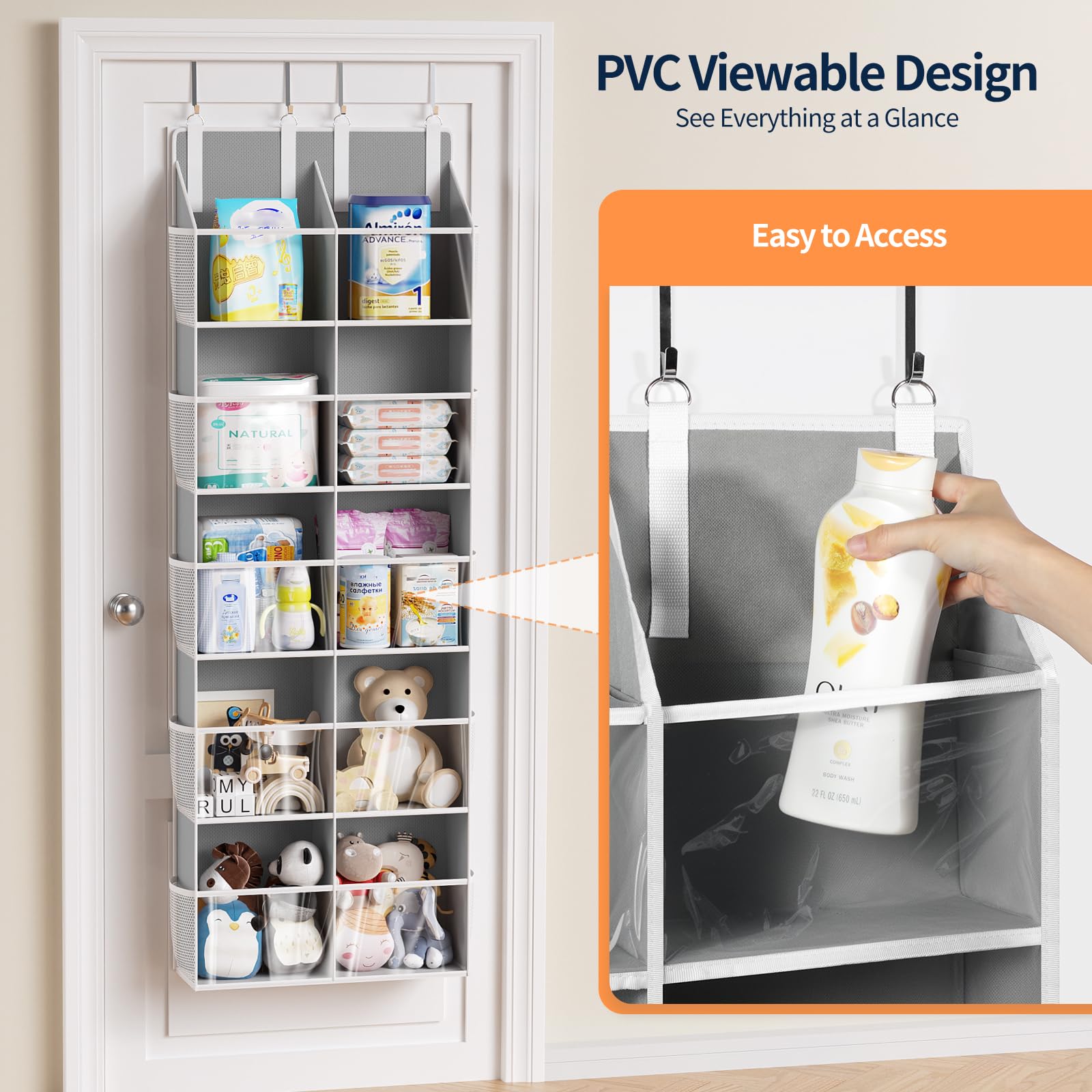 Yecaye over-the-door organizer in nursery demonstrates versatile space-saving storage.