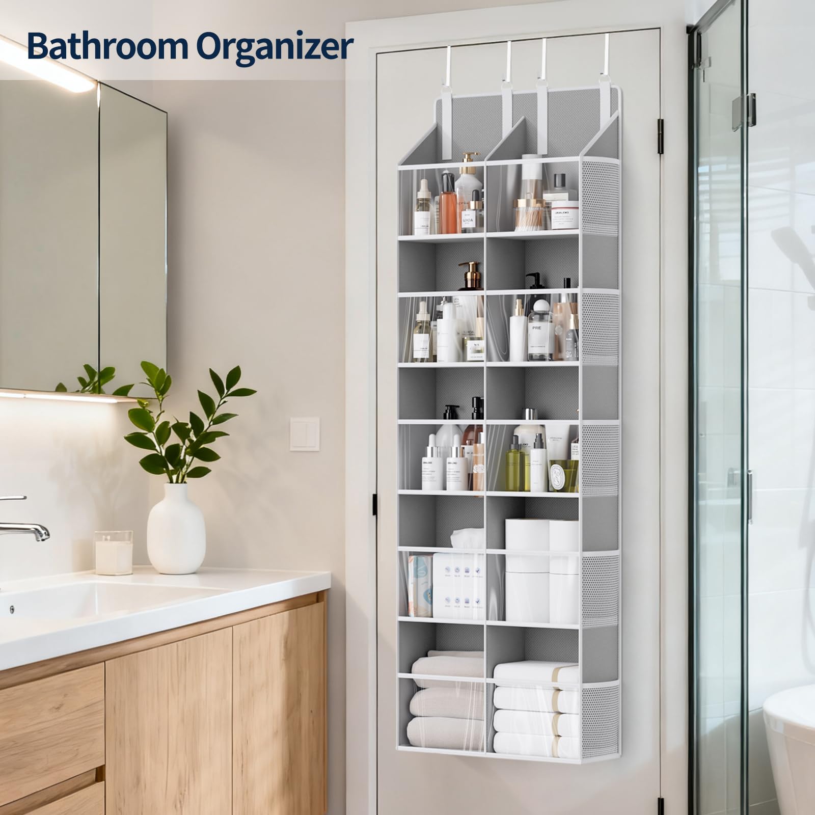 Yecaye over-the-door organizer side pockets enable quick-access storage for baby essentials.