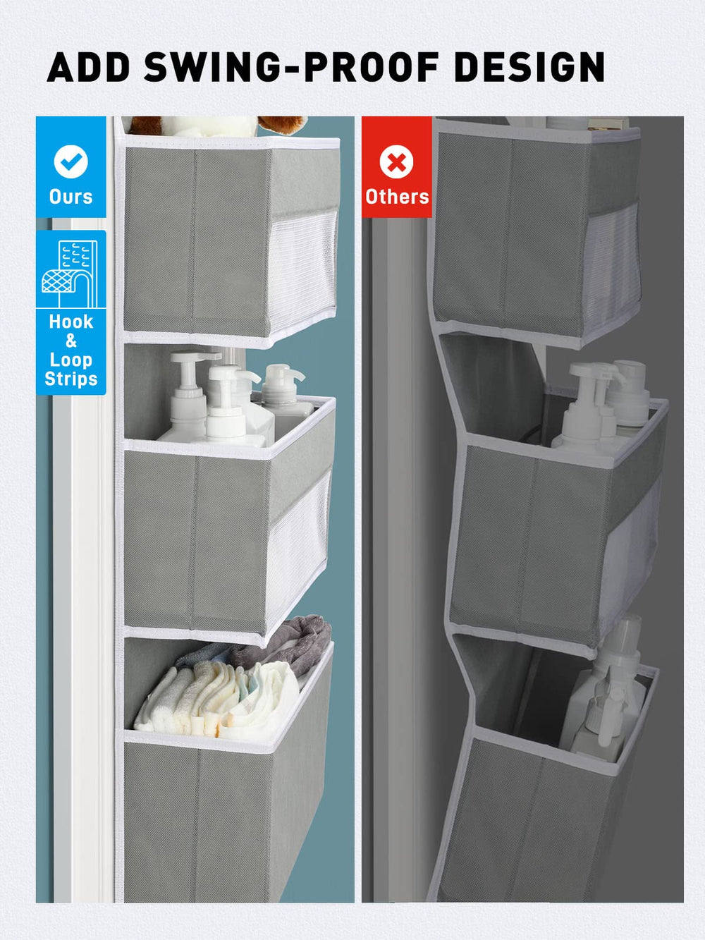 Yecaye swing-proof back panel keeps items in place during door operation.