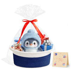 Yeeeasy small woven basket in white-navy closeup for gift-ready styling.