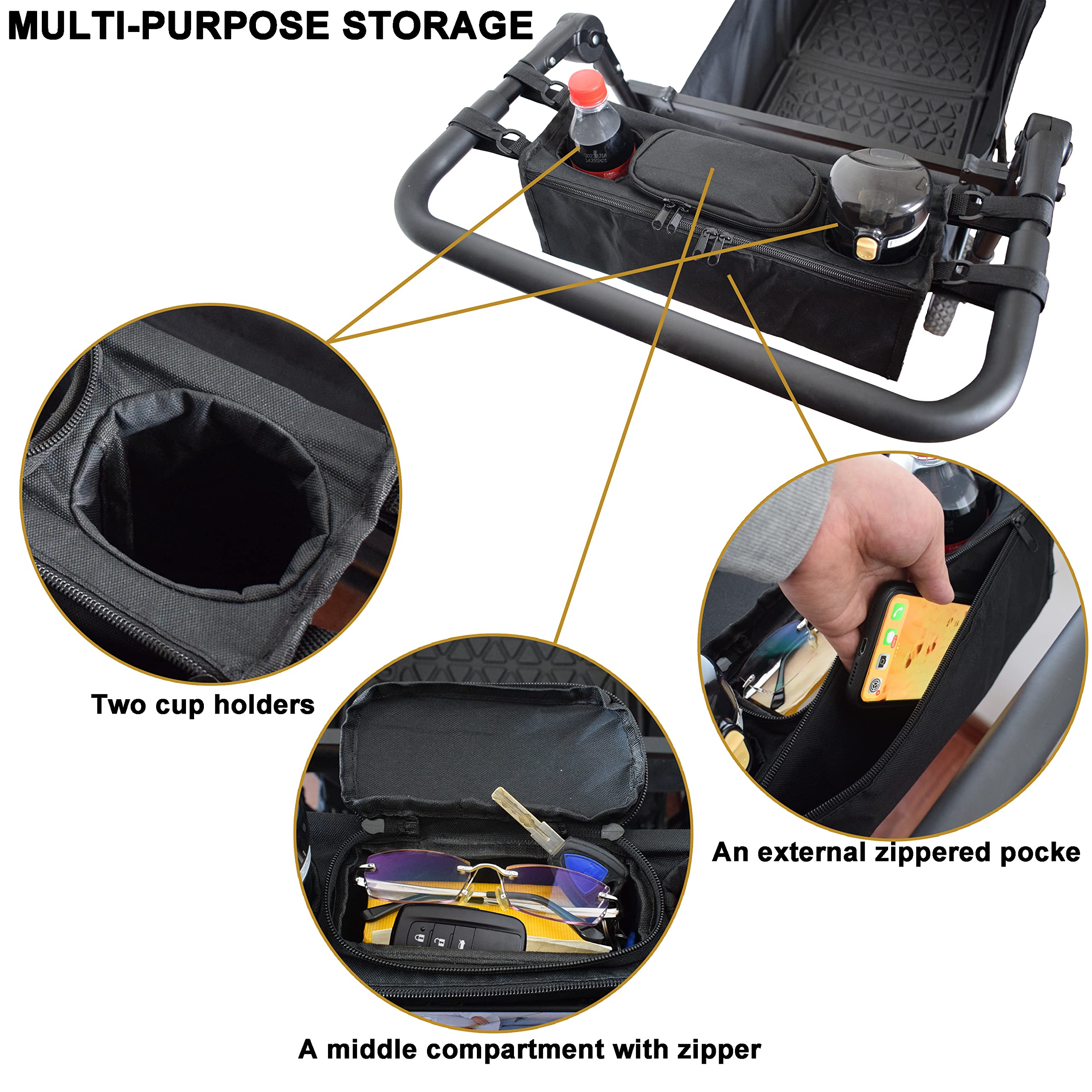 YEEDO four-strap fasteners keep the organizer secure even while walking rough paths.