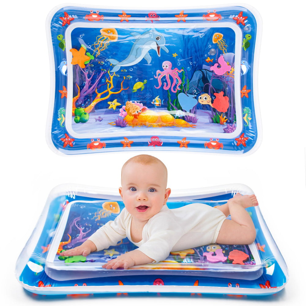 Yeeeasy tummy time water mat with seabed pattern for engaging play and neck support.