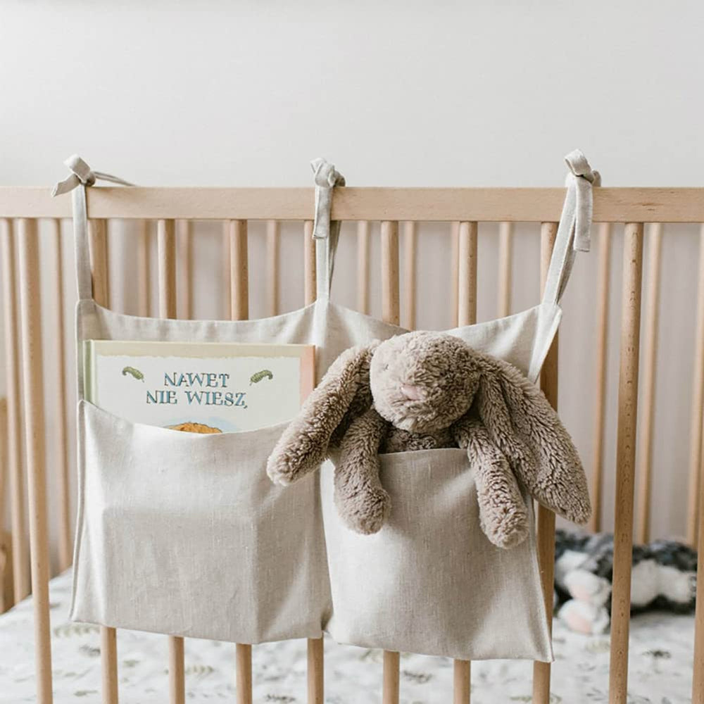 YeeMan Linen Baby Bedside Bag front view shows two-pocket design for quick reach