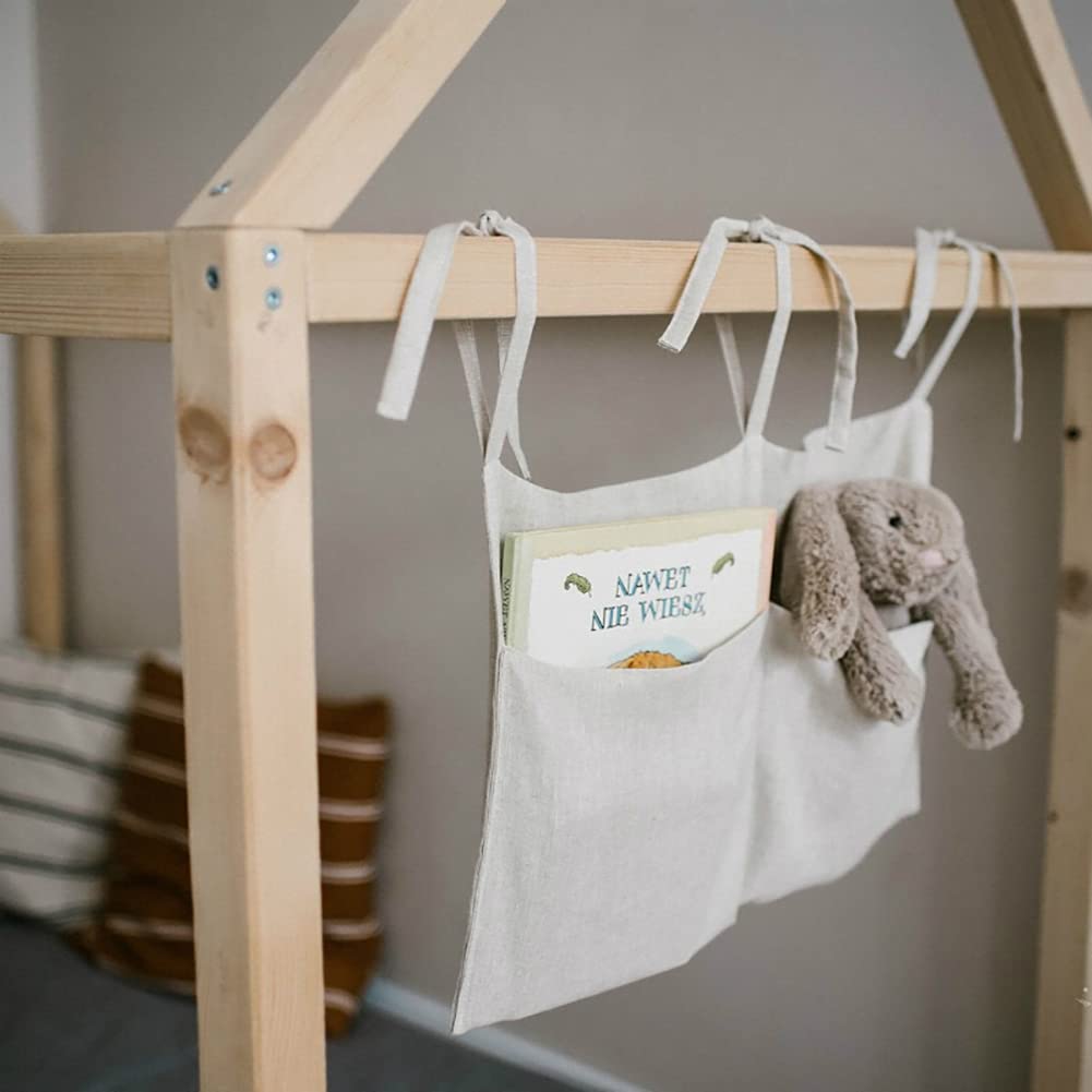 YeeMan Linen Baby Bedside Bag two-pocket closeup for organizing small items