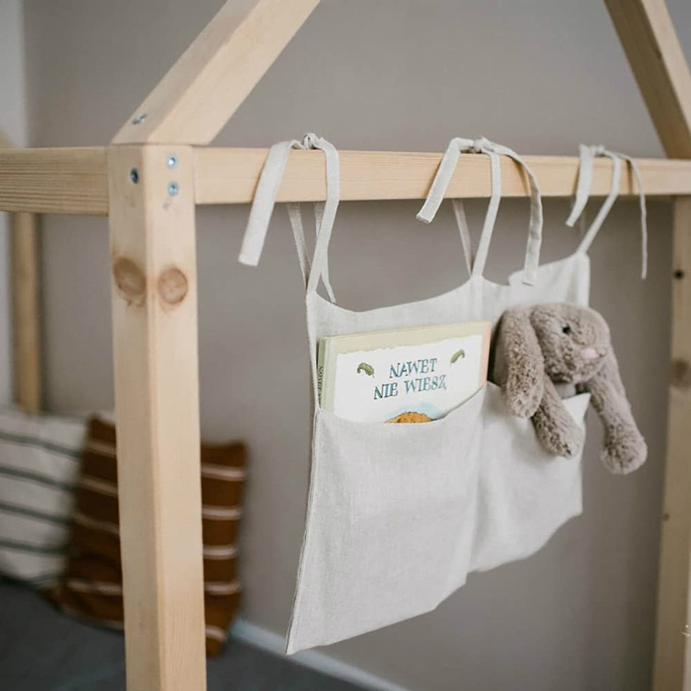 YeeMan Linen Baby Bedside Bag two-pocket closeup for organizing small items