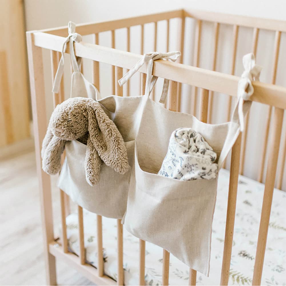 YeeMan Linen Baby Bedside Bag side hanging demonstrates easy crib installation and reach