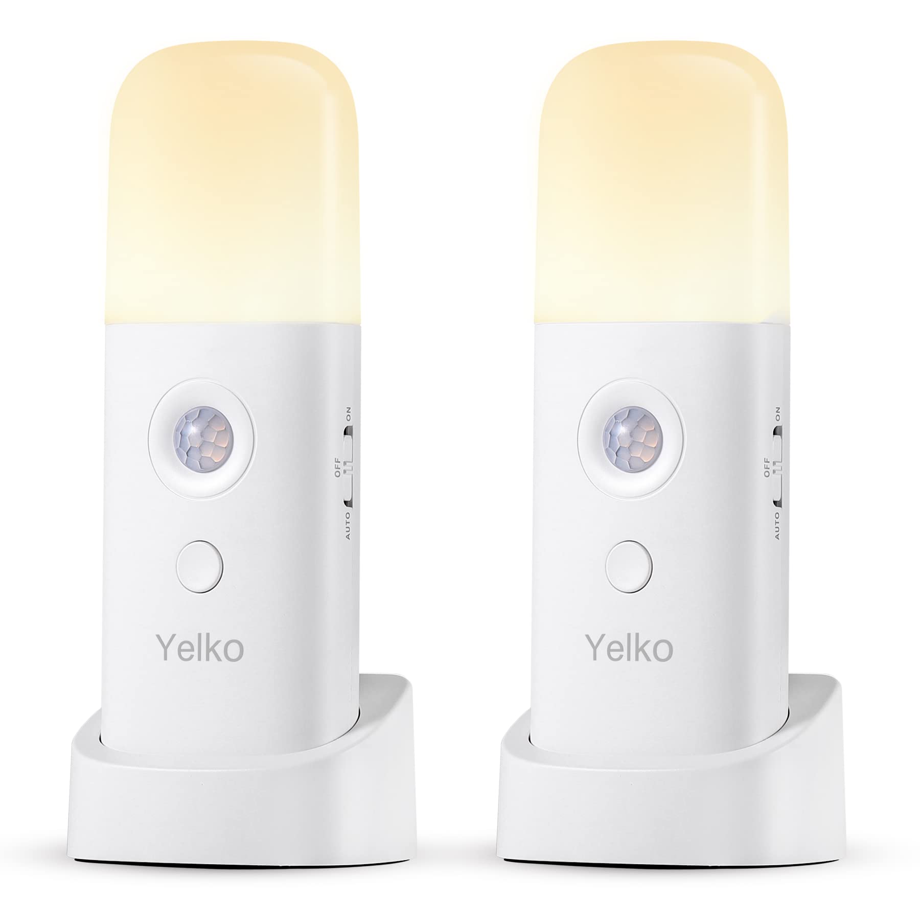 YELKO motion sensor night light front view with warm ambient glow for hallways.