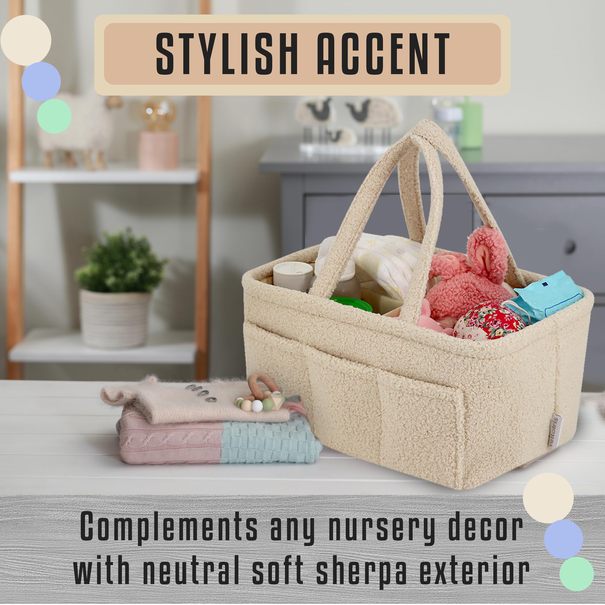 YelloIris diaper caddy removable compartments inside for flexible diaper and wipes storage.