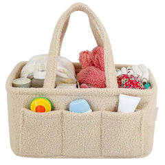 YelloIris baby diaper caddy front view in soft beige sherpa for nursery organization.