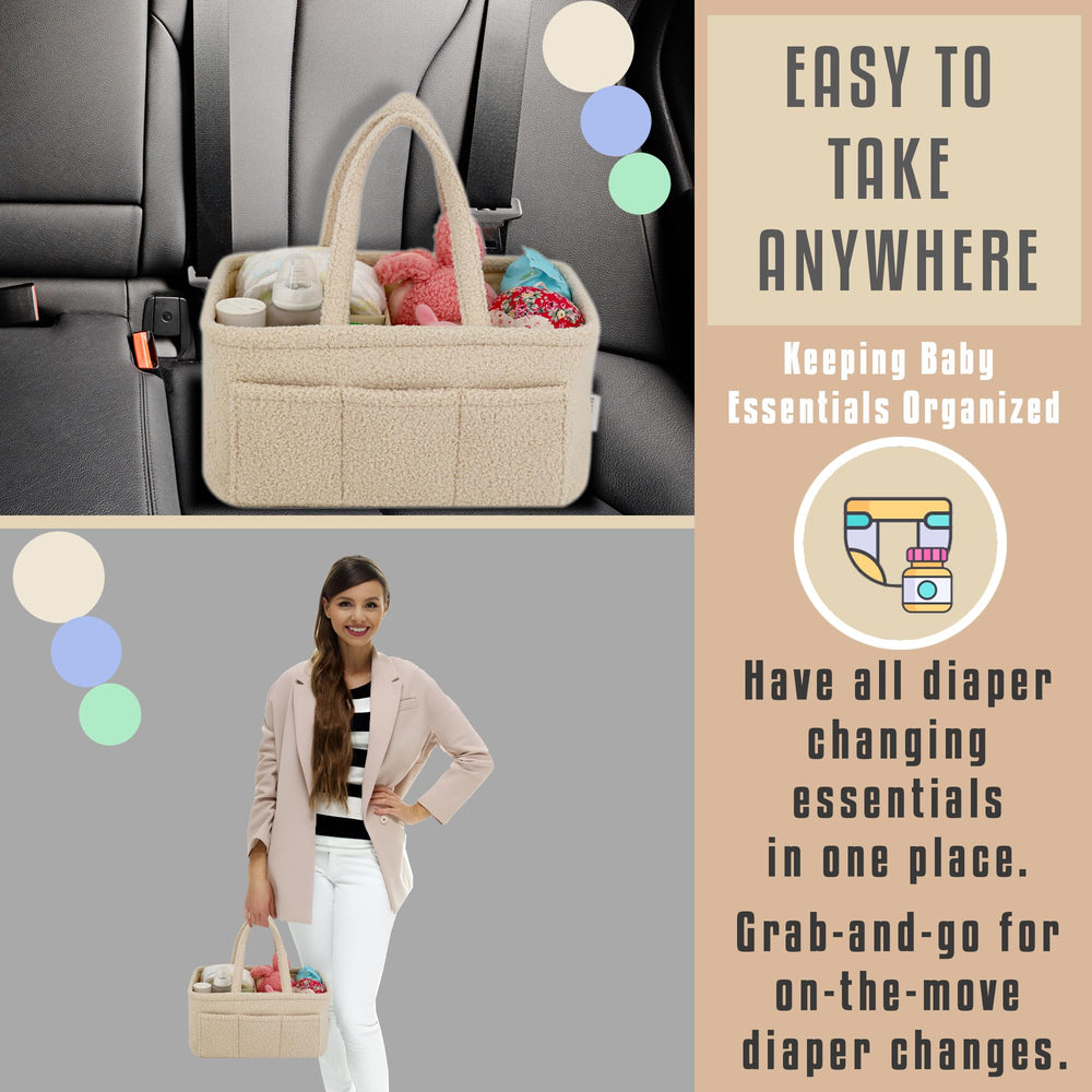 YelloIris diaper caddy beige sherpa with brown leather straps elevates style.