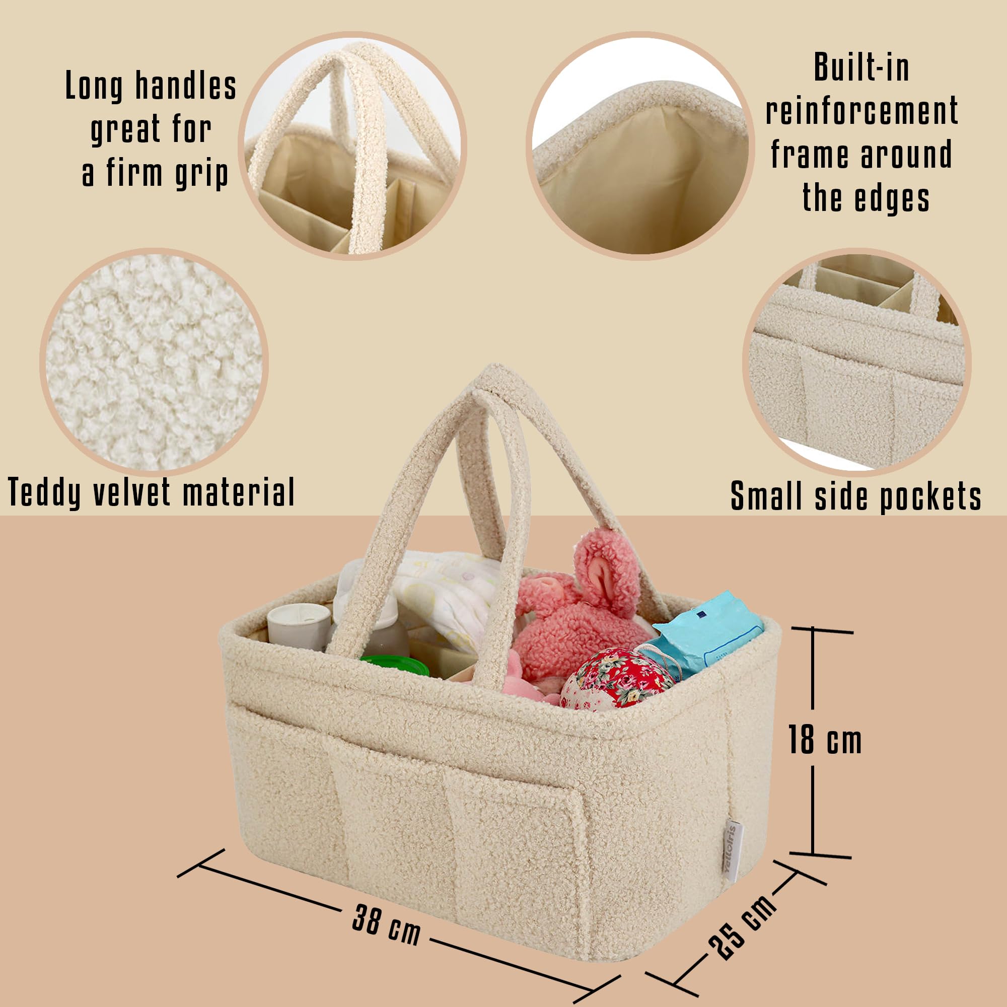 YelloIris diaper caddy six side pockets exterior for quick access.