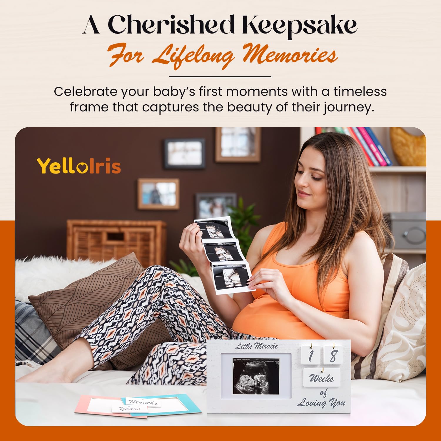 YelloIris white ultrasound-frame count-up-tiles lets you track your child age beyond birth.
