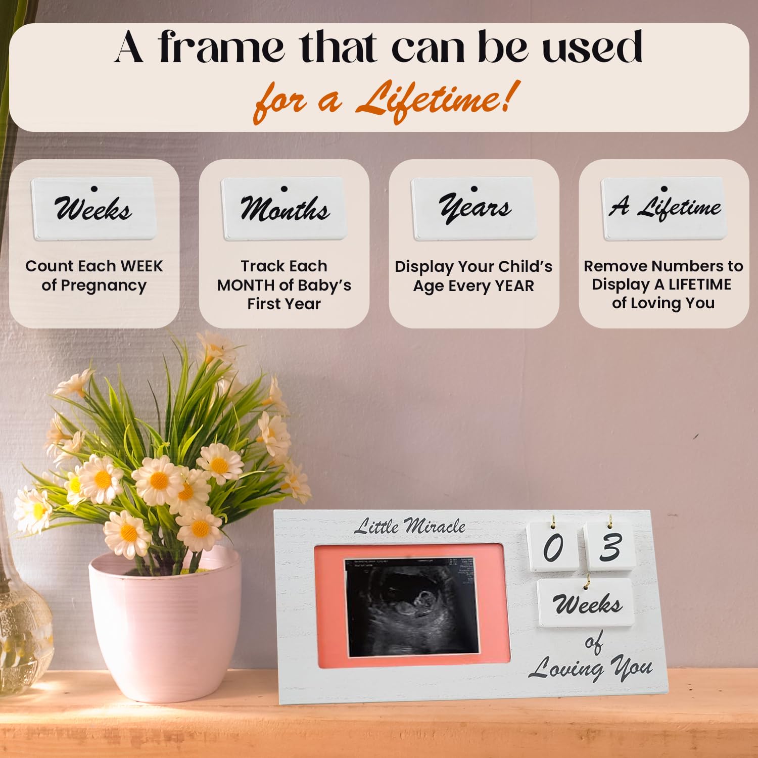 YelloIris white ultrasound-frame wooden-frame brings timeless nursery decor with warm natural wood grain.