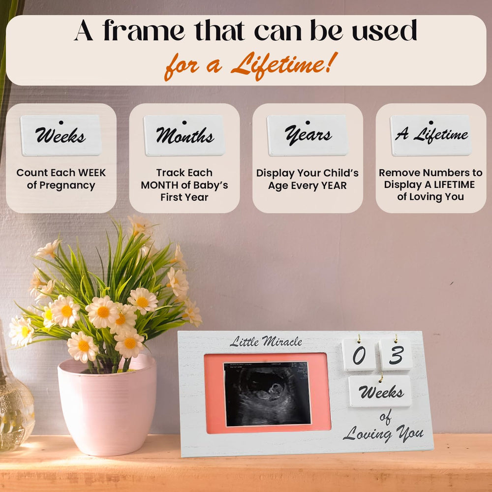 YelloIris white ultrasound-frame wooden-frame brings timeless nursery decor with warm natural wood grain.