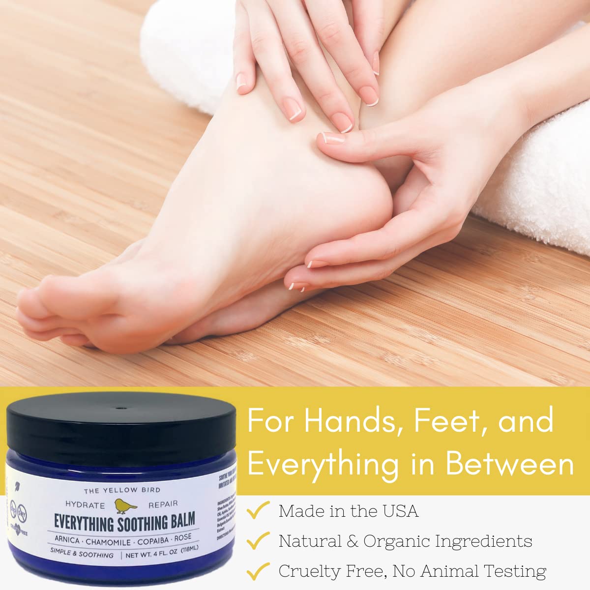 Application on hand showing quick, non-greasy dryness relief with The Yellow Bird balm.