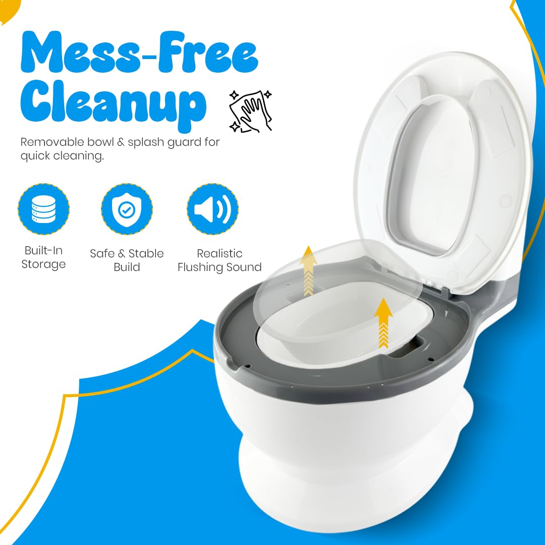 Yellow Ladybug splash guard reduces spills for cleaner bathrooms.