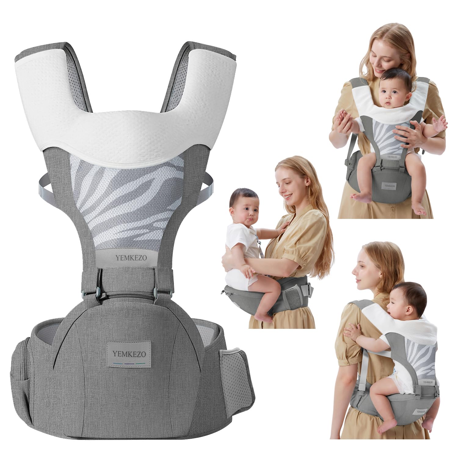 YEMKEZO baby carrier hip seat grey front view supports growing child safely