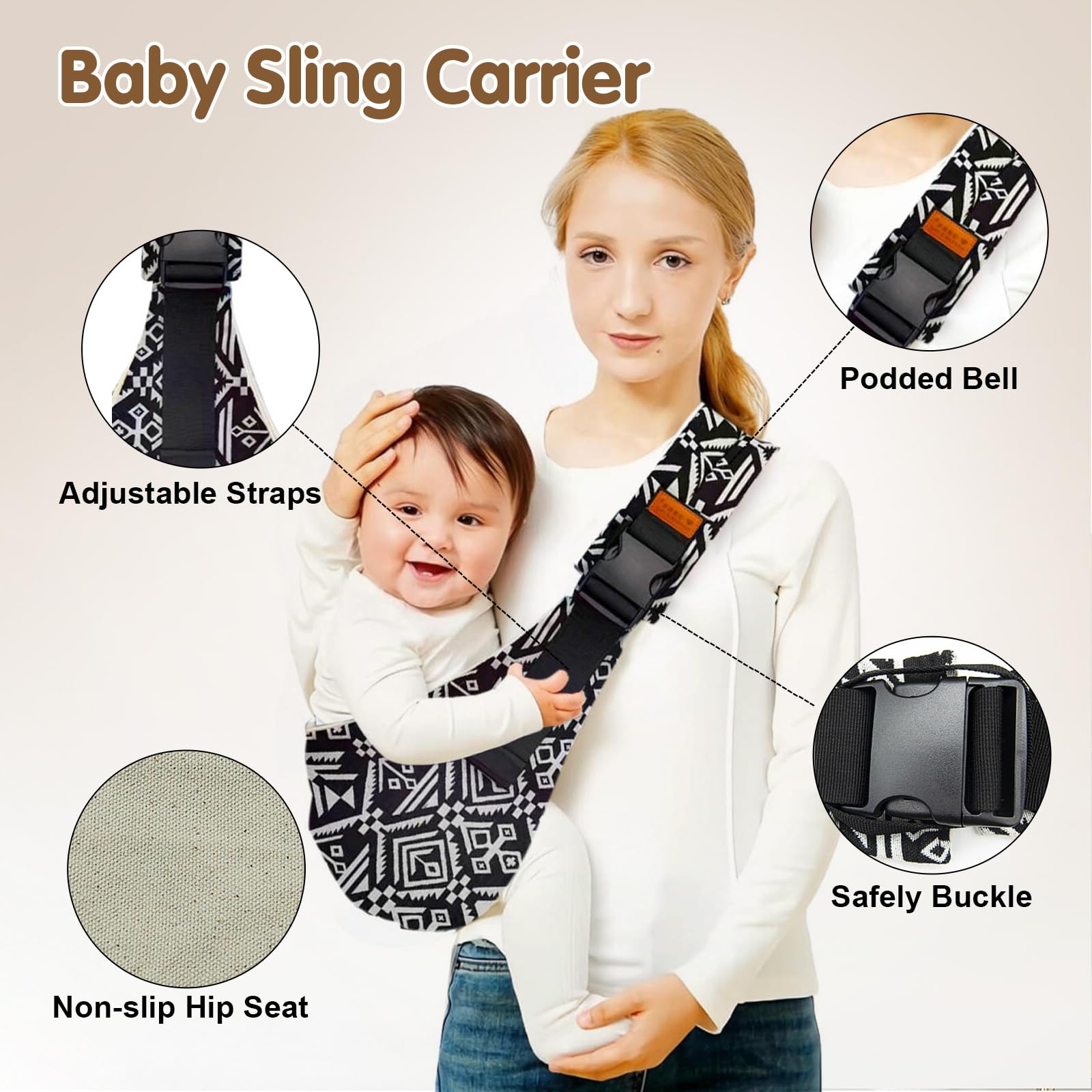 Yemyig sling on baby demonstrates ergonomic carry in action.