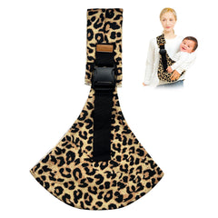 Yemyig leopard print baby sling front view shows secure wear for hands-free tasks.