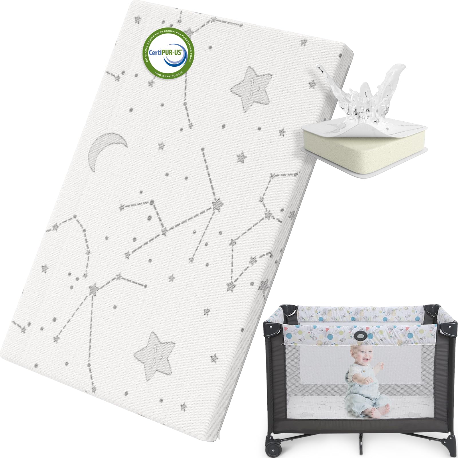 YENING Pack and Play Topper overview with snug playpen fit
