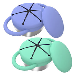 Yeomant two-pack snack containers with silicone lids provide spill-proof toddler snacks.