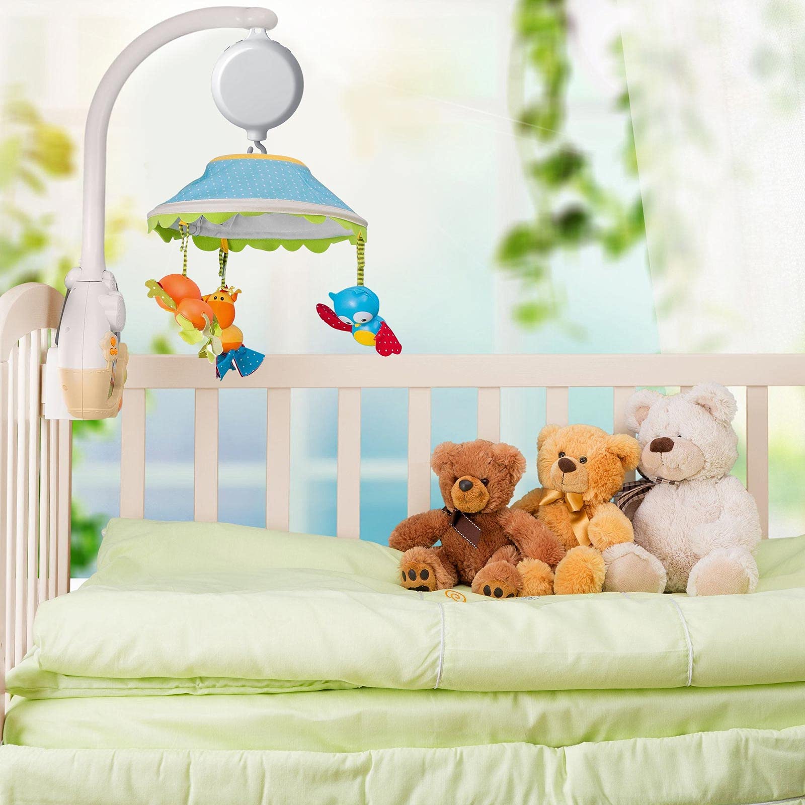 Yeshone white crib mobile rotates gently to engage baby visuals during play.