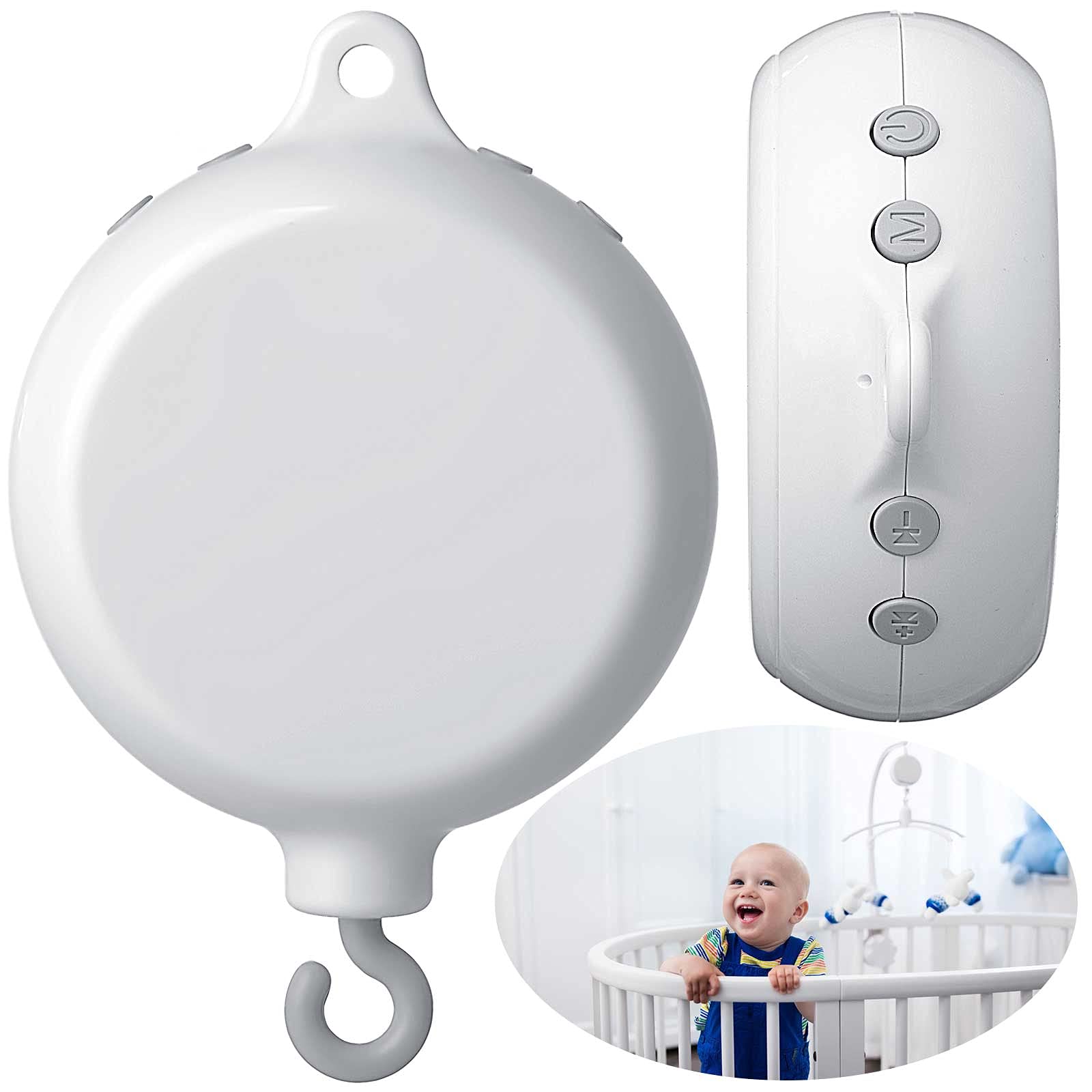 Yeshone mobile music box mounted on crib in white for a calming bedtime routine.