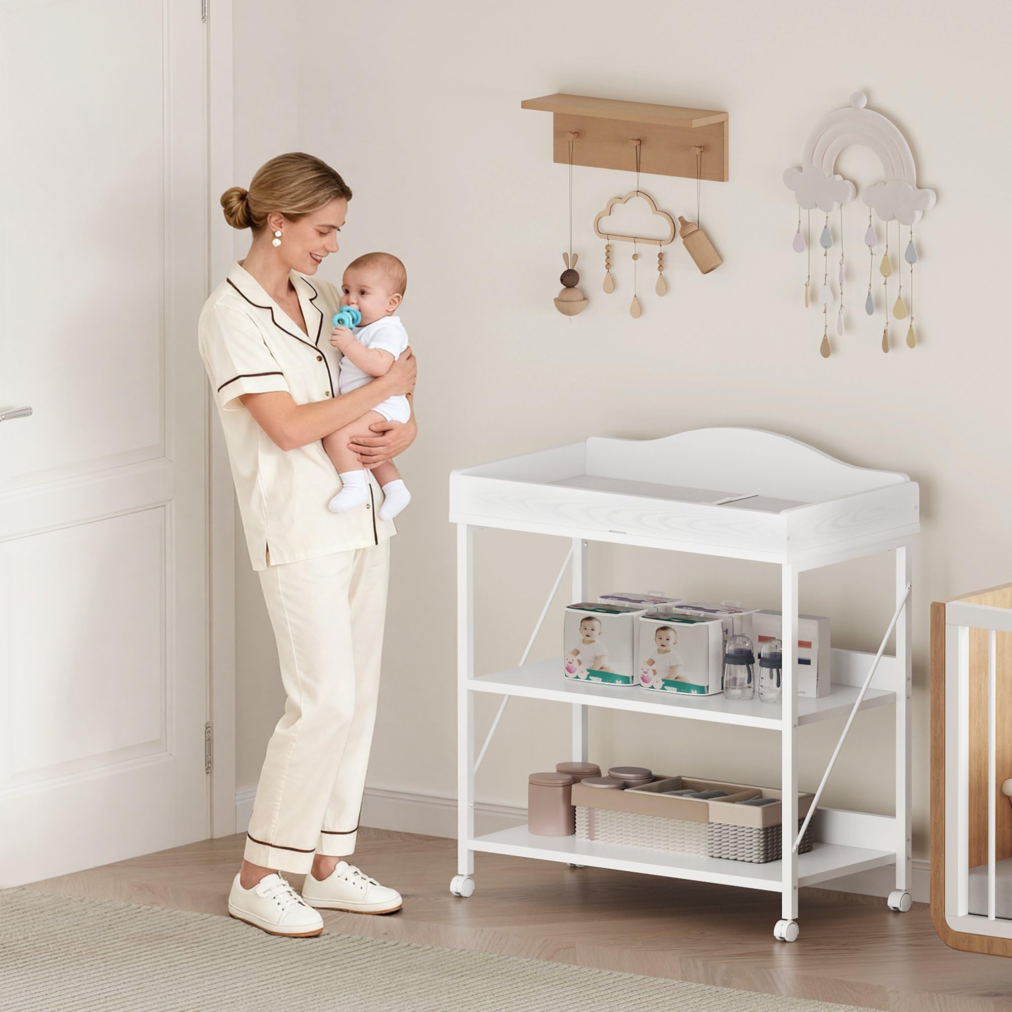 YeTom baby changing table lower storage highlights easy access to diapers and wipes while you work.
