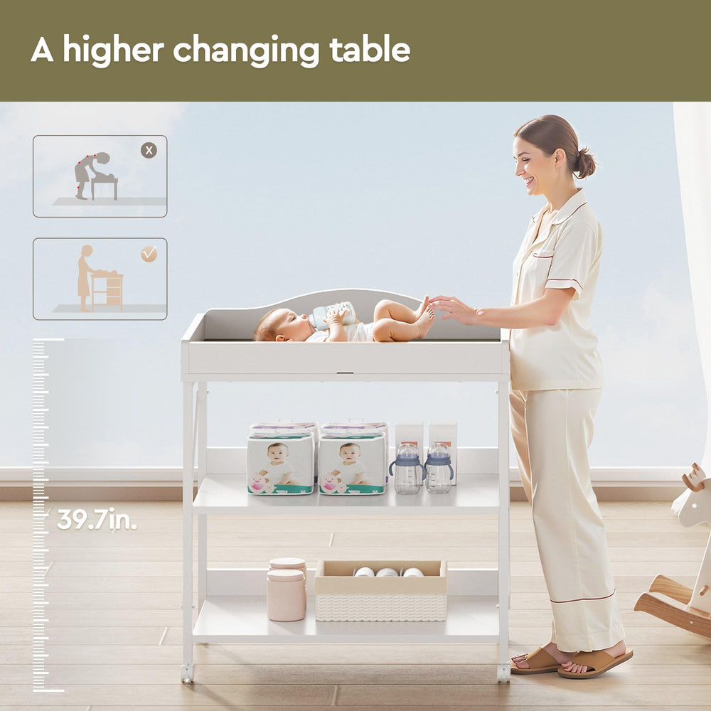 YeTom baby changing table middle shelves keep creams and towels handy during diaper changes.