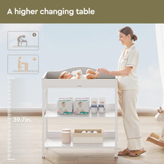 YeTom baby changing table middle shelves keep creams and towels handy during diaper changes.