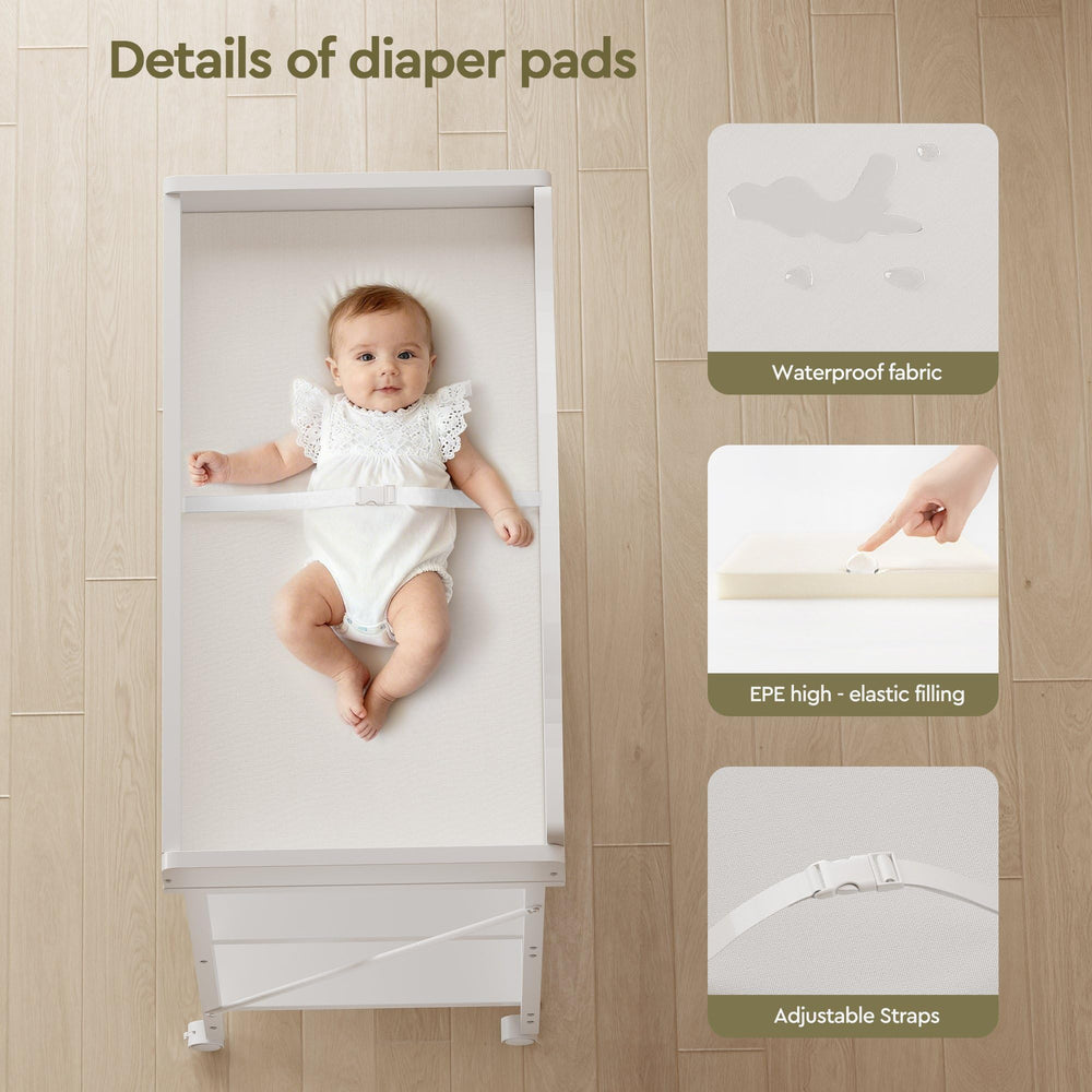YeTom baby changing table movable wheels enable gentle room-to-room repositioning for easy chores.