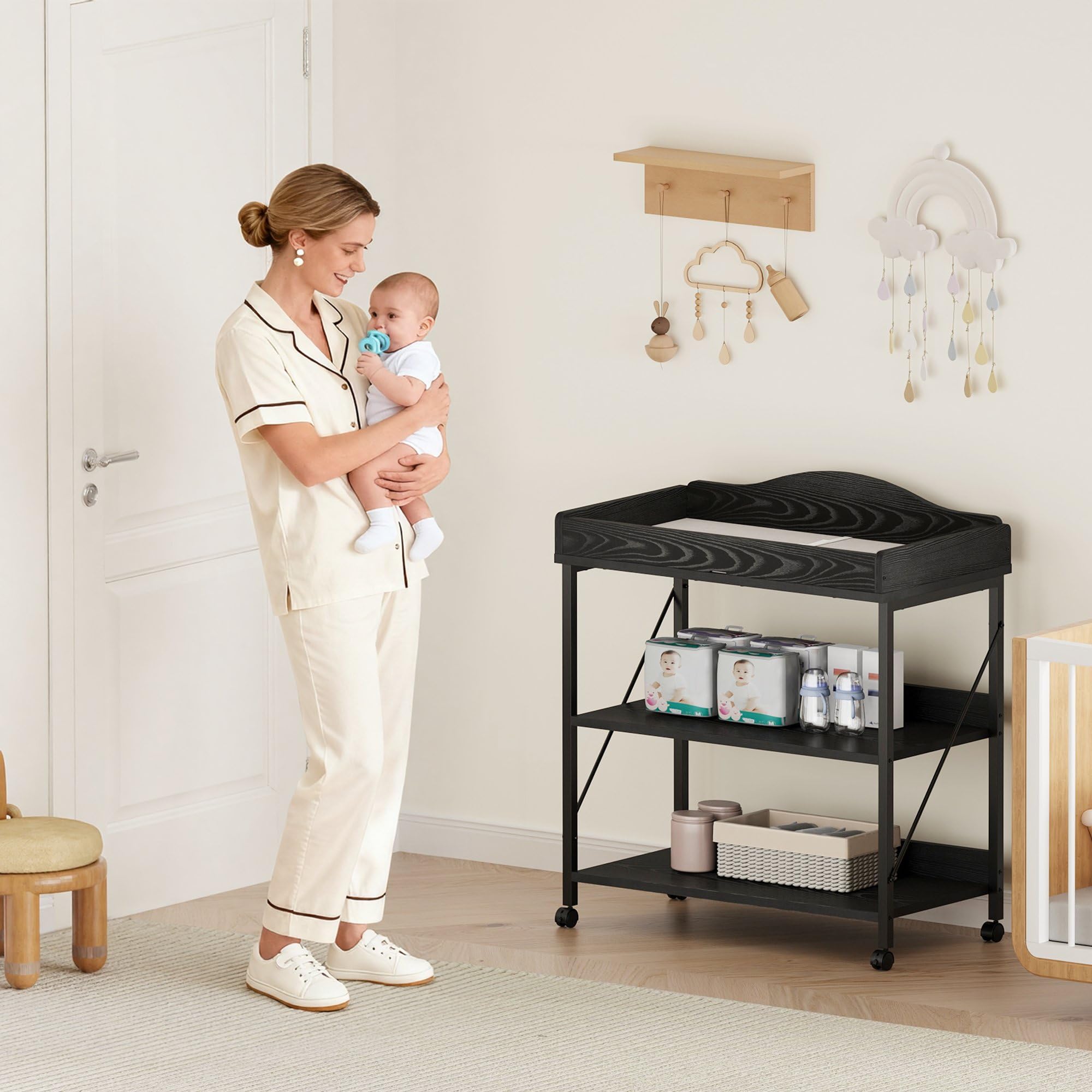 YeTom changing table open shelves keep diapers and wipes within reach