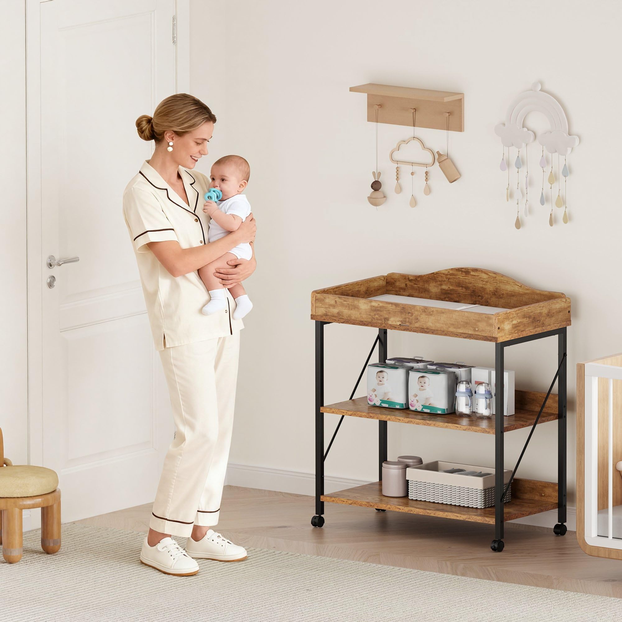YeTom baby changing table storage space keeps diapers within reach
