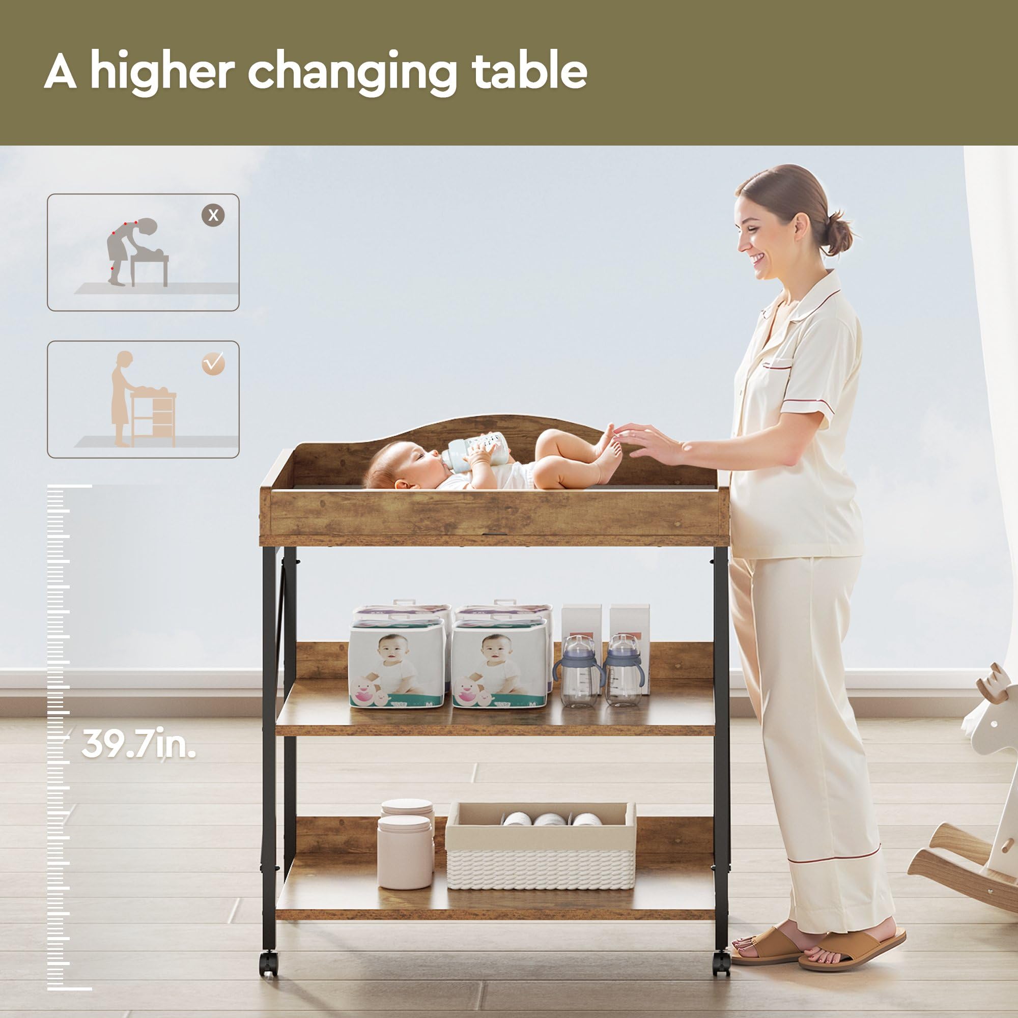 YeTom baby changing table wheels enable effortless room-to-room movement