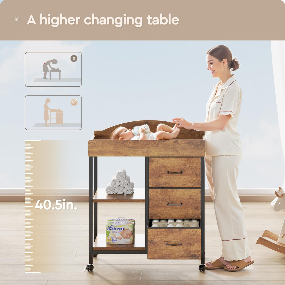 YeTom Changing Table Dresser fabric drawers opened, illustrating organized diaper and clothing storage.