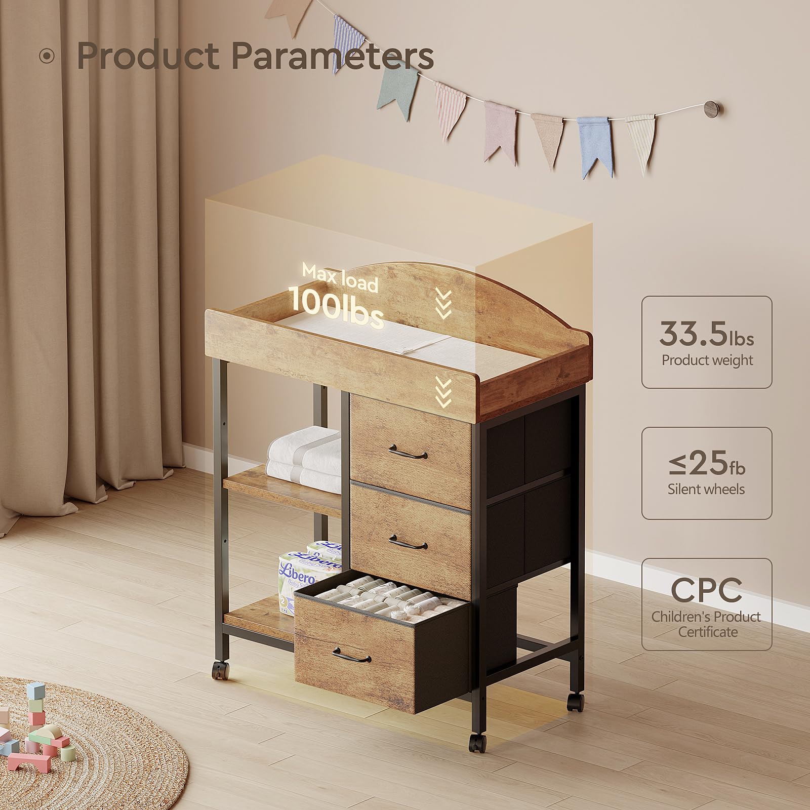 YeTom Changing Table Dresser P2 PB board close-up shows durable construction.