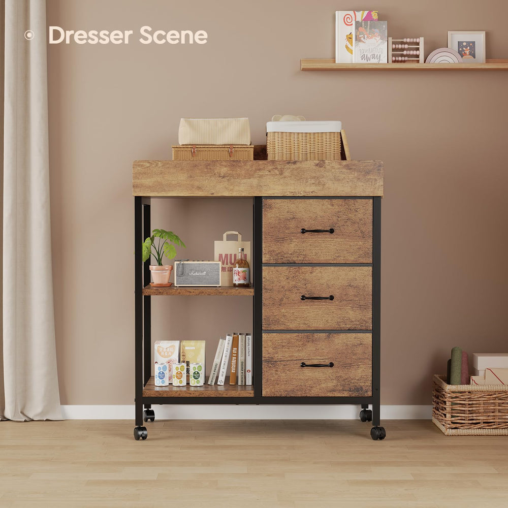 YeTom Changing Table Dresser rustic finish in a cozy nursery setting.