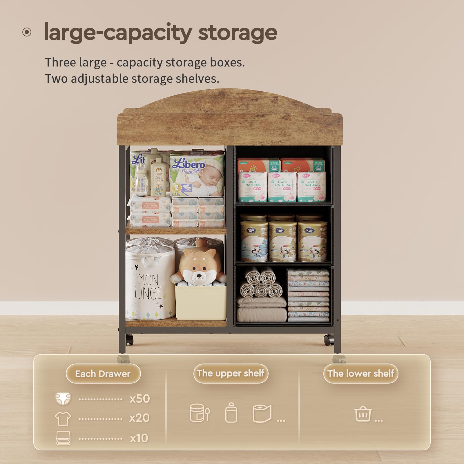 YeTom Changing Table Dresser shelves displayed with nursery essentials for easy reach.