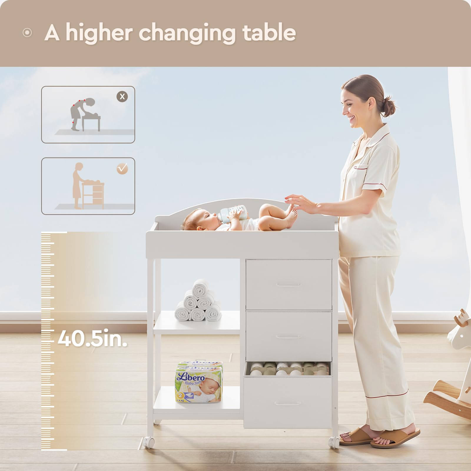 YeTom changing table dresser side view white showing compact footprint