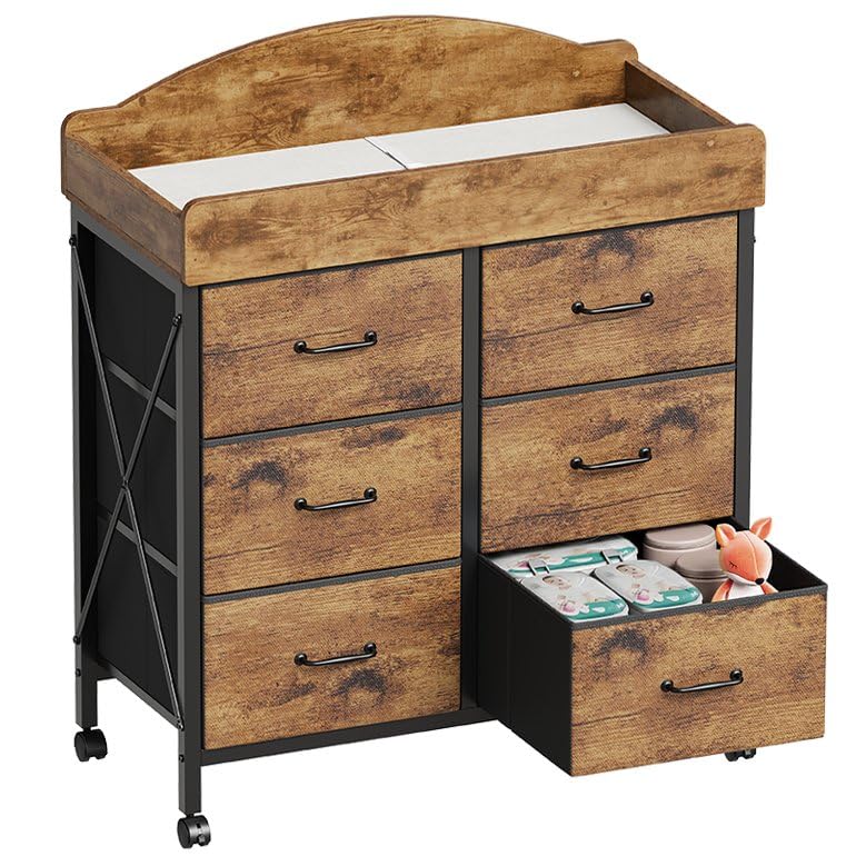 Yetom changing table dresser with wheels in nursery for easy mobility