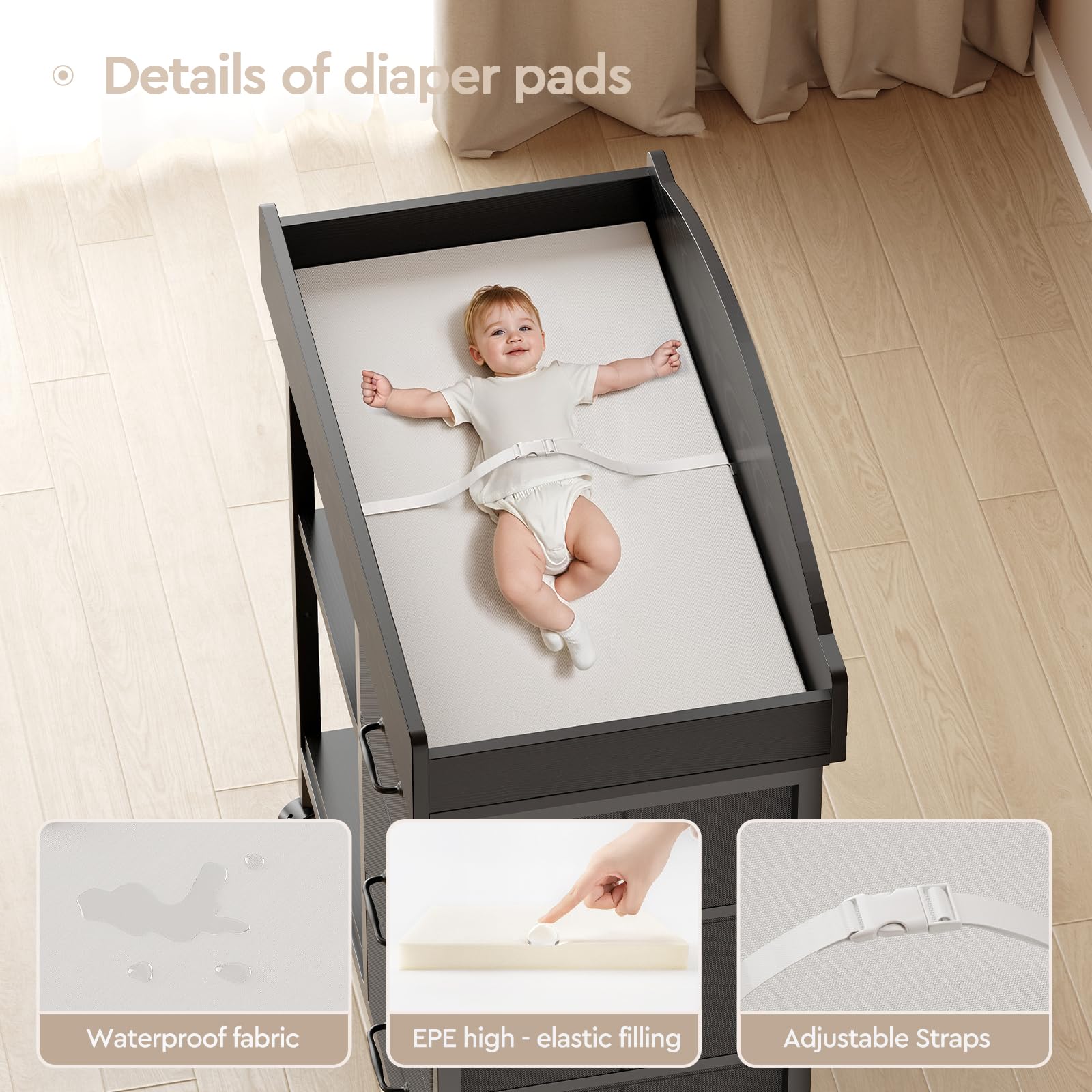 YeTom dresser on wheels with safety locks for mobility.