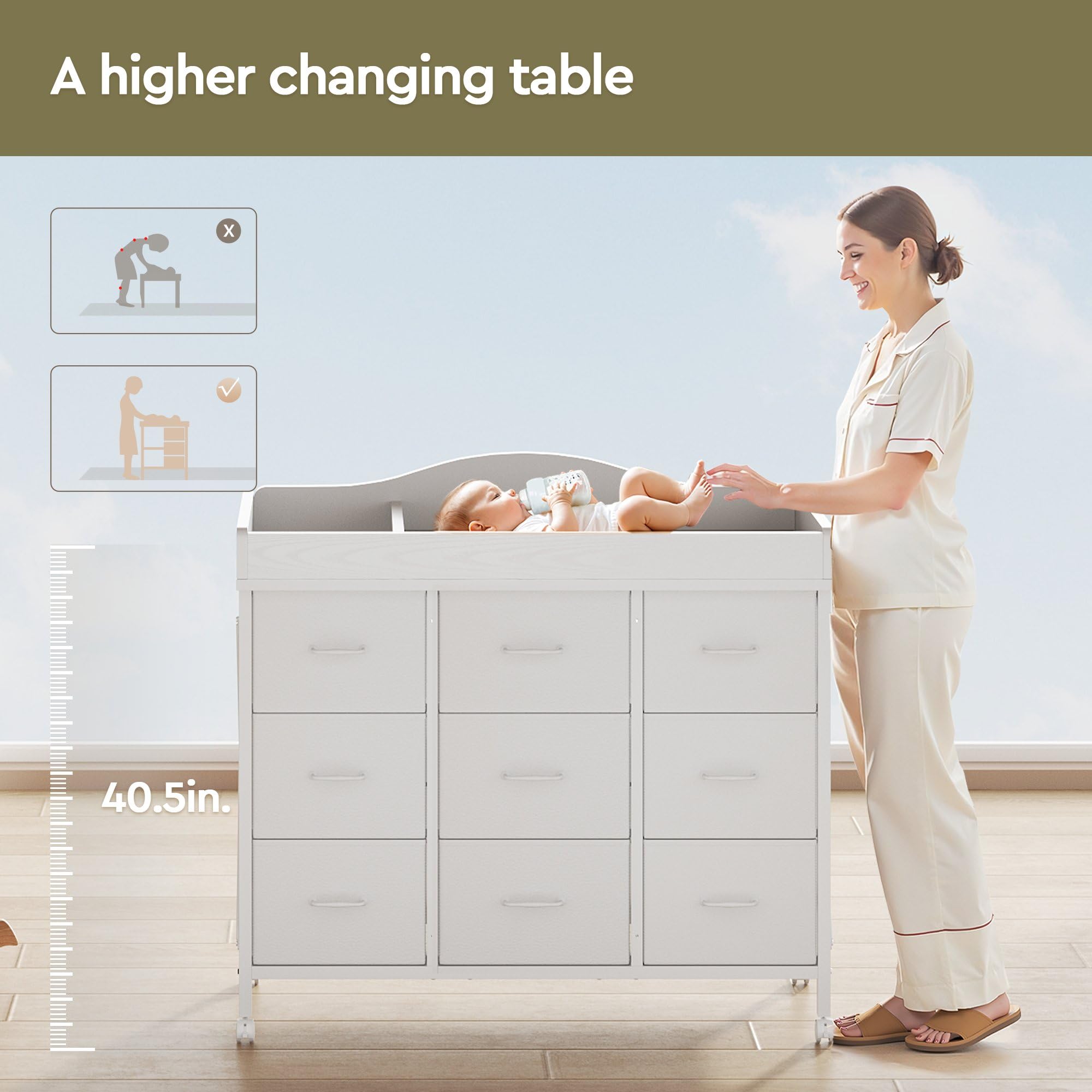 YeTom changing table with four wheels and safety locks for mobility and secure placement