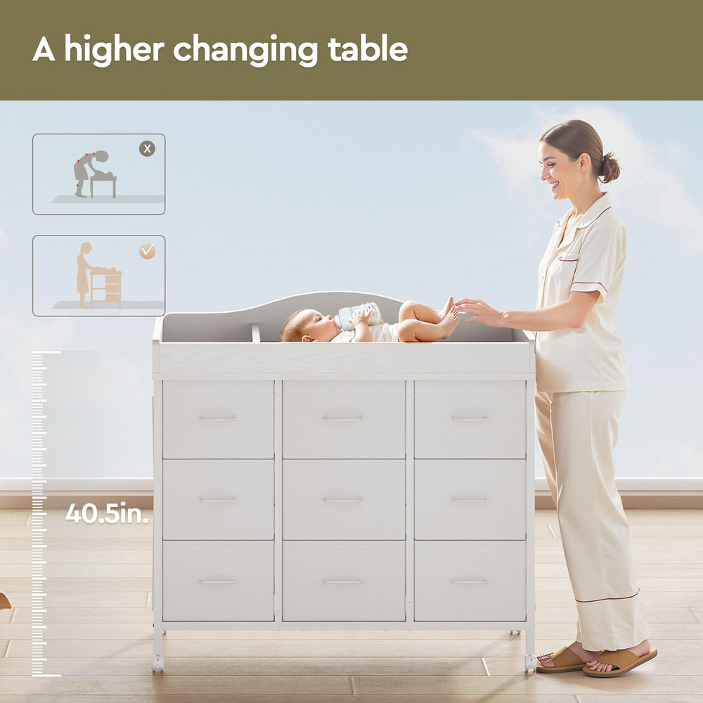 YeTom changing table with four wheels and safety locks for mobility and secure placement