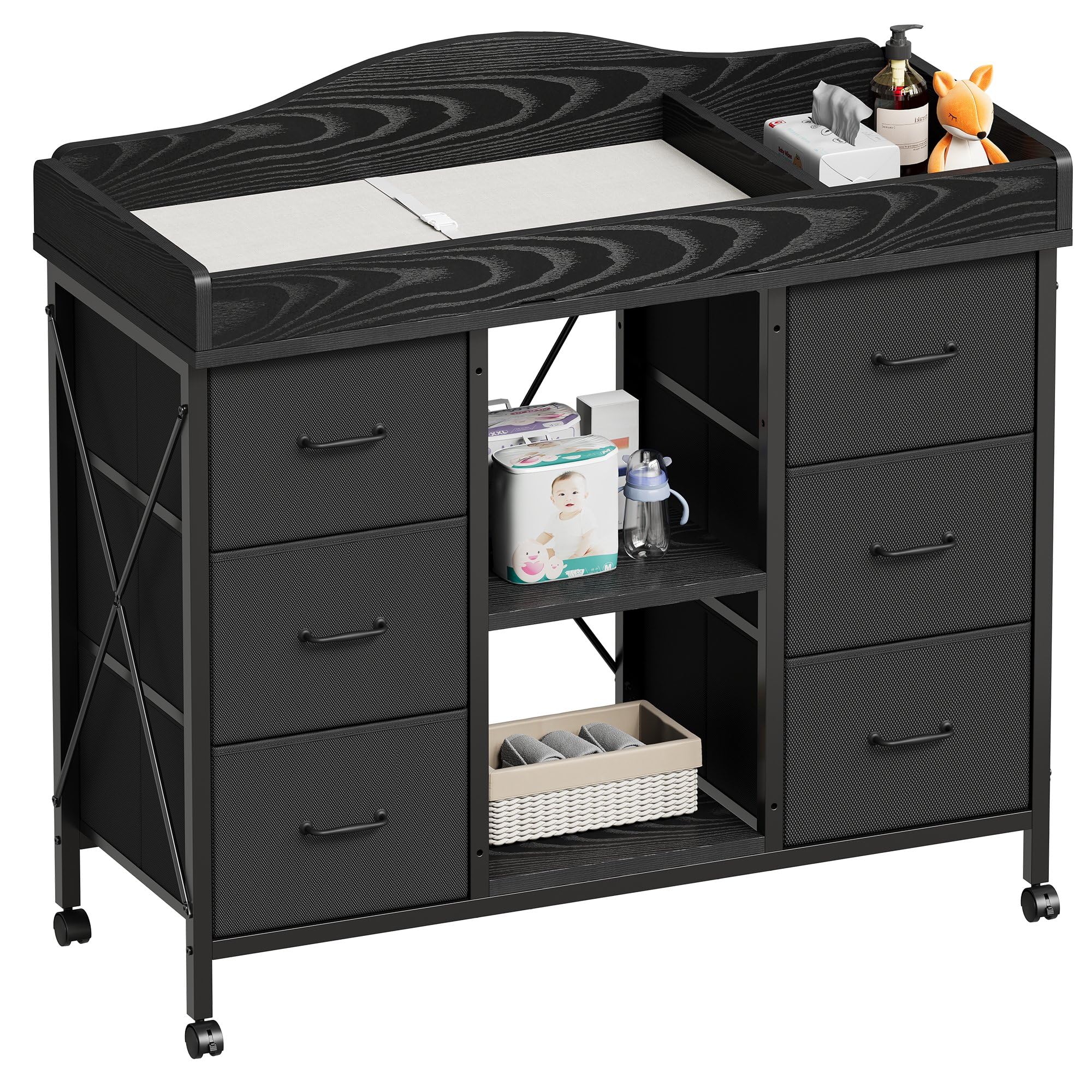 Yetom changing table top in black provides a waterproof, wipe-clean changing surface.