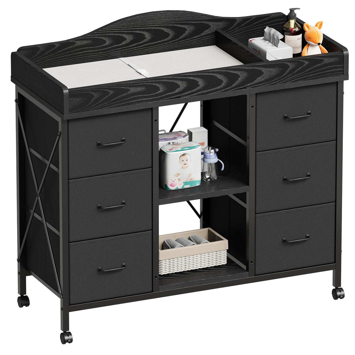 Yetom changing table top in black provides a waterproof, wipe-clean changing surface.