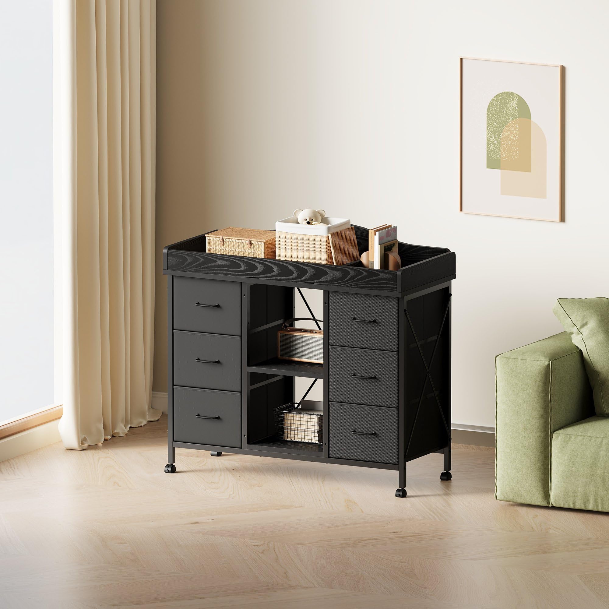 Yetom two height-adjustable open shelves hold tall items and bulky boxes.