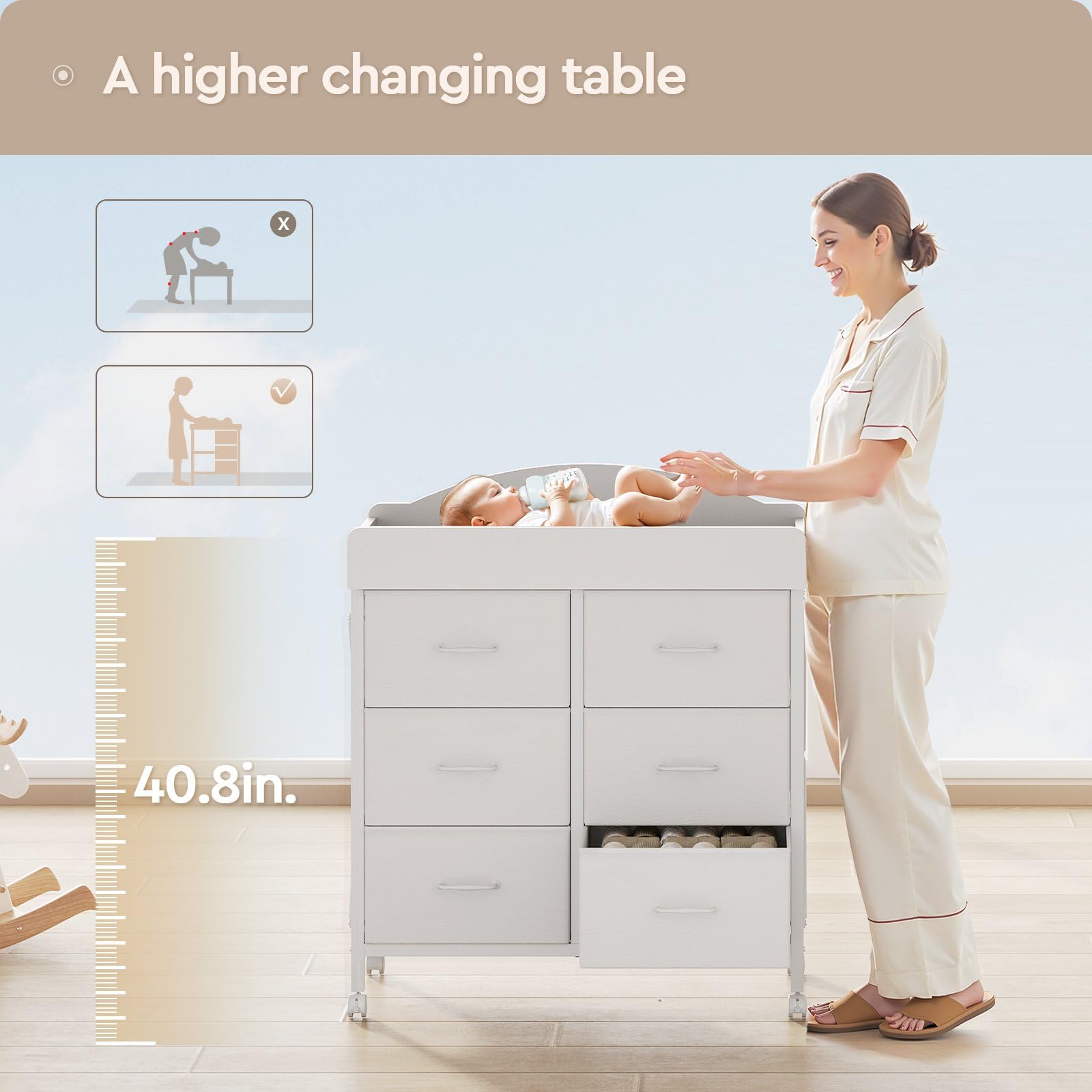 YeTom six-drawer storage dresser keeps diapers and outfits neatly organized for quick changes.