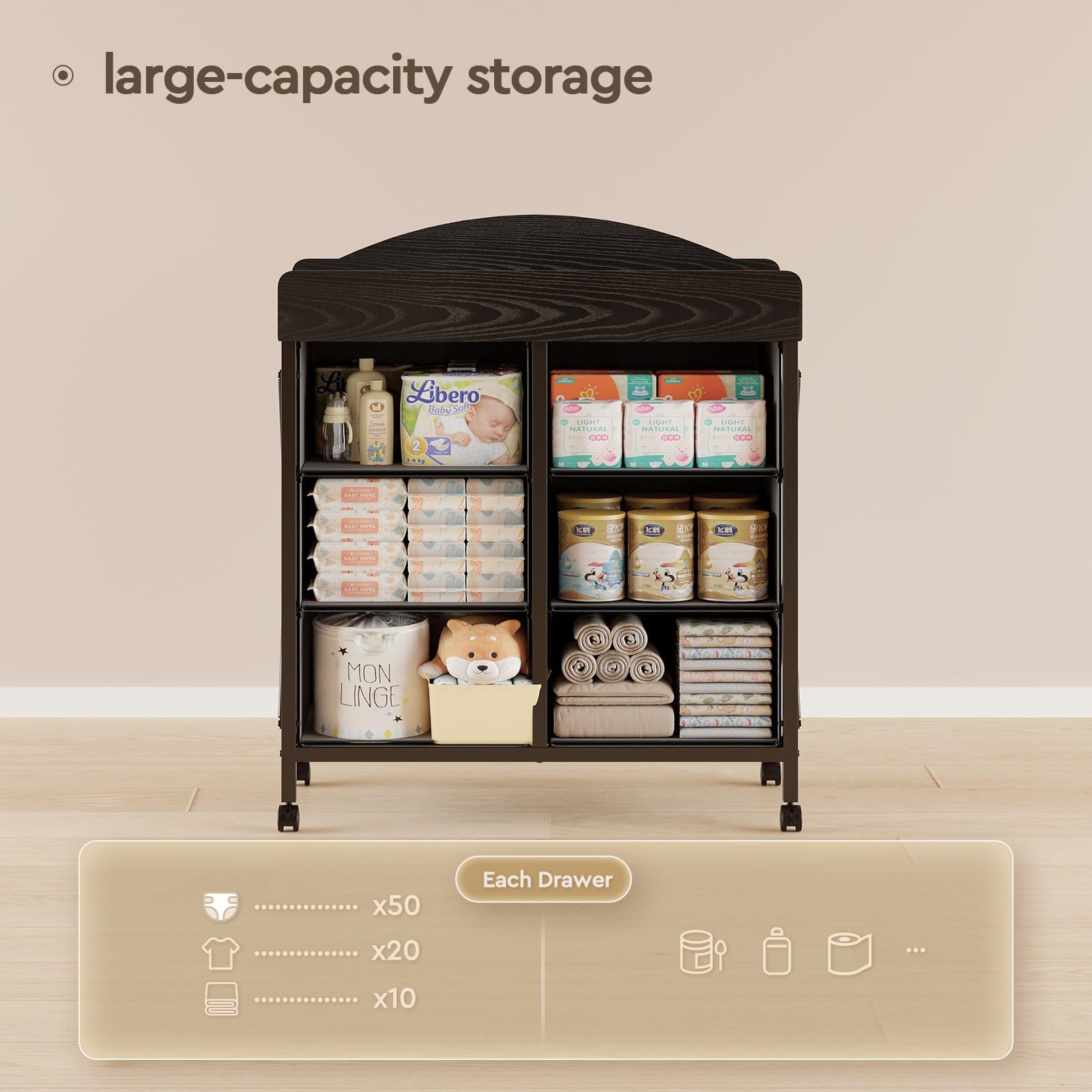 Yetom top drawers for wipes and creams keep essential items within reach